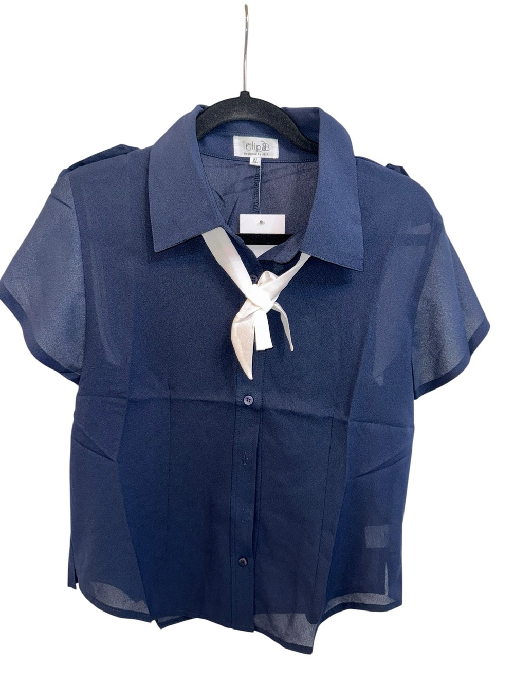 Tulip B Navy Short-Sleeve Button Front Blouse with Cream Neck Tie Accent NWT